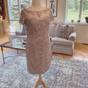 La Femme Floral Embroidered Taupe Sheath Dress NWT